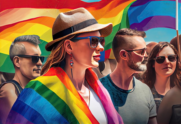 Comunità Pride a una parata con le mani alzate e la bandiera LGBT Generate Ai