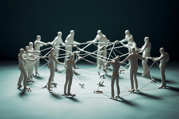 Comunitàun gruppo di piccole figurine in piedi in cima a una rete collegata