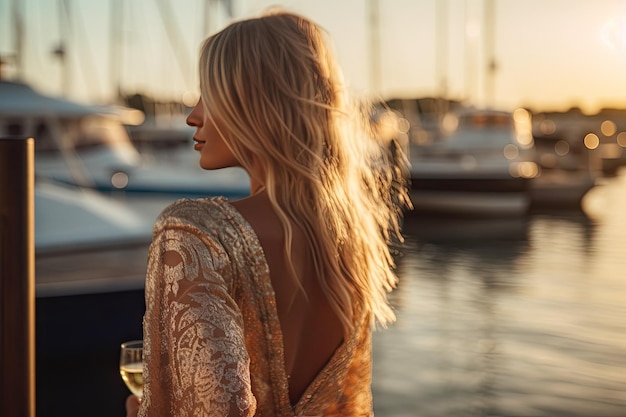 con bicchiere di champagne in mano sullo sfondo della baia di yacht al tramonto IA generativa