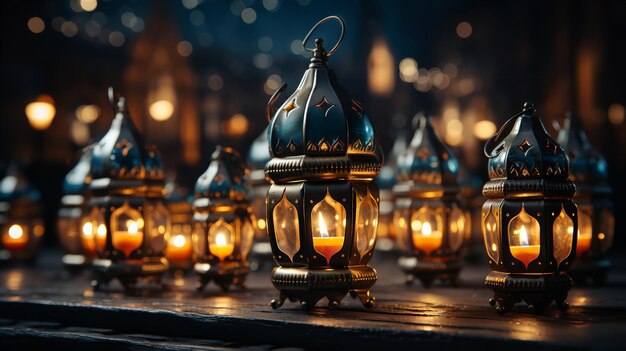 Con congratulazioni per il Ramadan Kareem e Eid Mubarak una lampada islamica e una moschea Generative AI