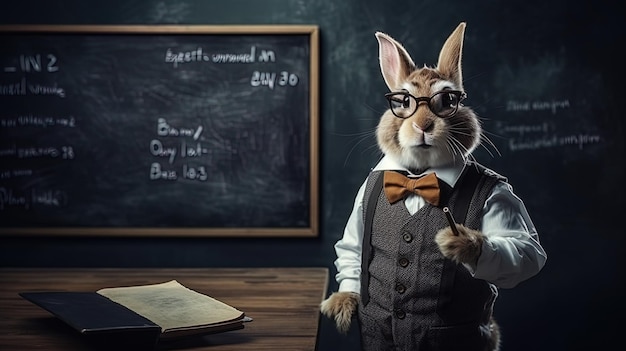 Con il gesso in mano un coniglio assume il ruolo di un insegnante di fronte alla lavagna