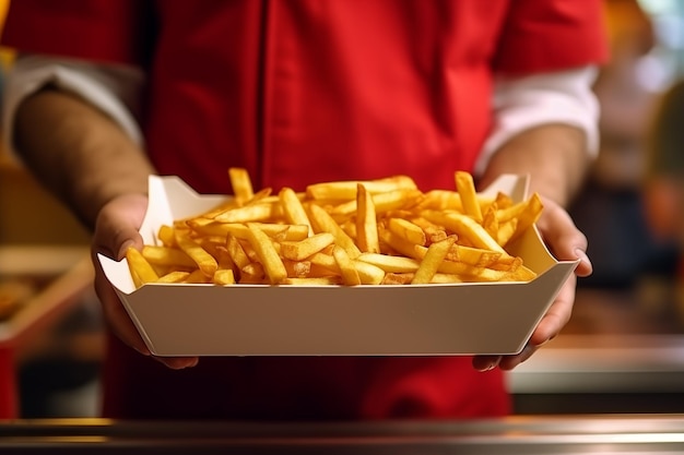 Con la mano le patatine fritte in un ristorante fast food