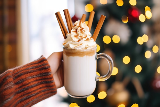 Con la mano un latte di pan di zenzero con panna montata e un bastone di cannella