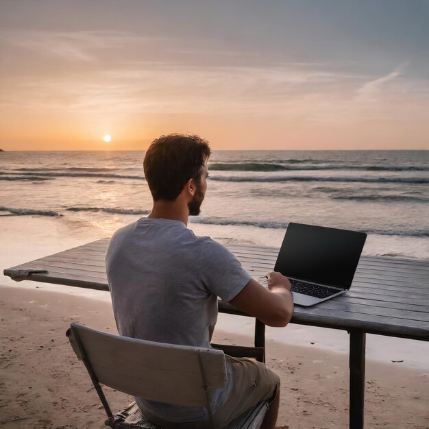 con la schiena all'uso di un laptop uomo che guarda il tramonto sulla spiaggia concetto di nomade digitale
