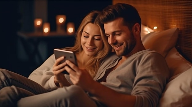 Con smartphone e intelligenza artificiale generativa una giovane coppia a letto