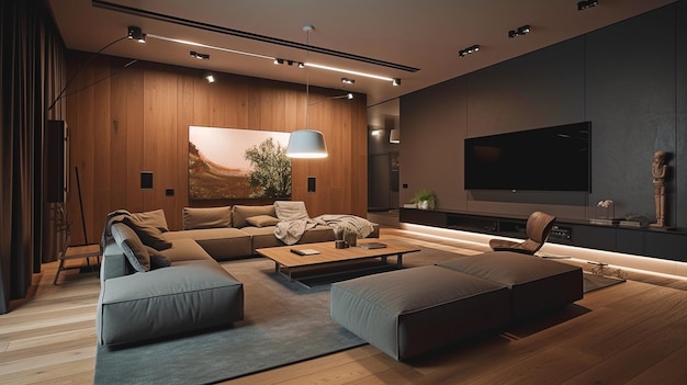 Con un divano e uno schermo gigante alla parete, Generative AI ha creato una moderna area livingx9