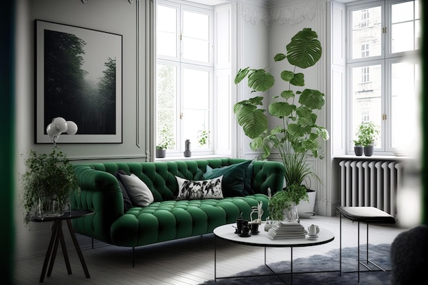 Con un divano la stanza sembra alla moda e verde in stile scandinavo nella decorazione