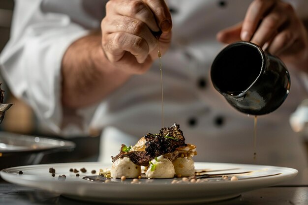 Con un fiorire lo chef aggiunge una goccia di tartufo generativo ai