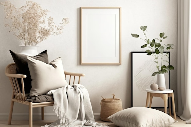 Con un mockup poster incornicia un cuscino sulla chaise longue un fiore secco in un vaso beige