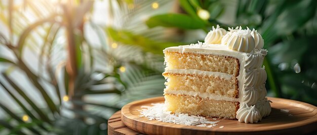 Con un po 'di verde sullo sfondo una torta di cocco soffice e deliziosa su un vassoio su un tavolo di legno AI generativa