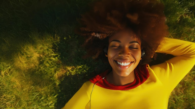 Con un sorriso sereno la donna ascolta la musica abbracciando la bellezza della natura