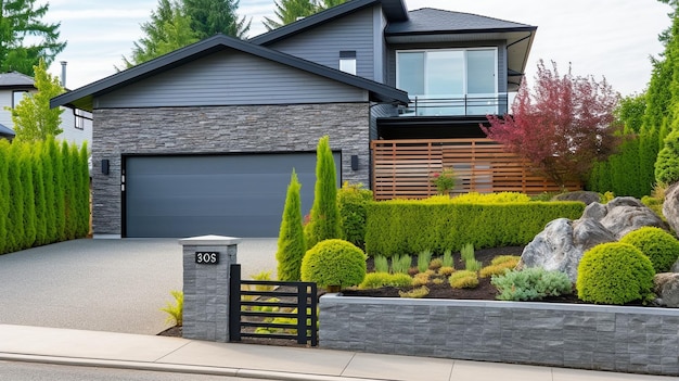 Con un vialetto in pietra del garage recintato e un giardino, l'esterno di questa moderna casa familiare è reso utilizzando l'IA generativa