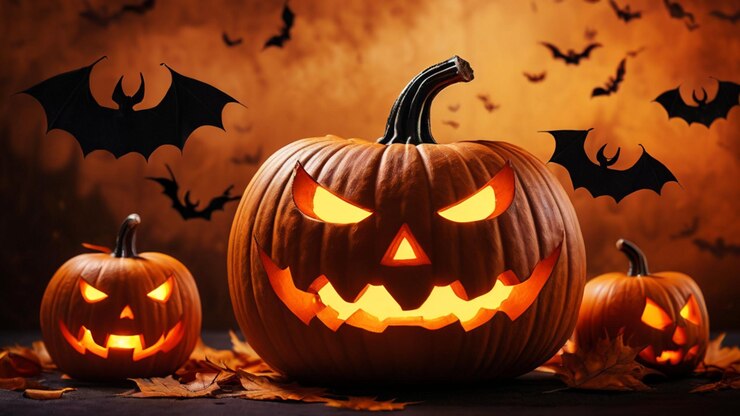 Con uno sfondo arancione con un tema di Halloween e zucca