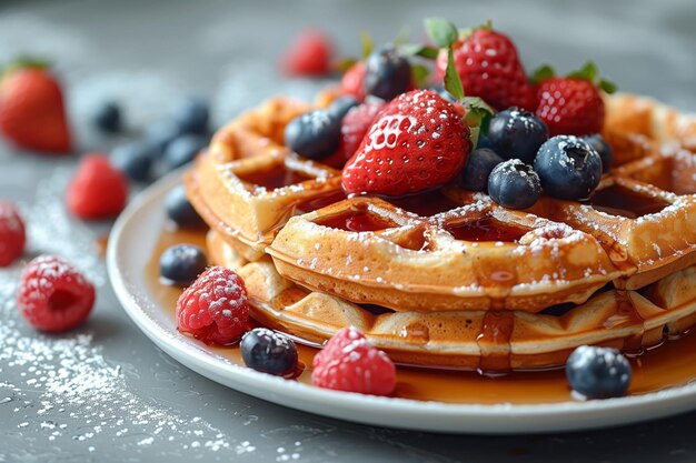 Concedetevi un delizioso piatto di waffle ricchi di bacche con sciroppo dorato