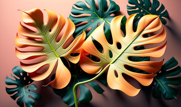 Concediti la bellezza dell'estate con lussureggianti foglie tropicali di Philodendron su uno sfondo color corallo che dona fascino minimalista a qualsiasi spazio