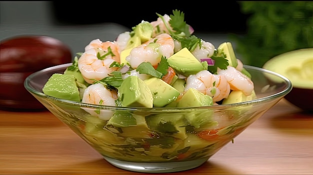 Concediti la perfetta combinazione di cremoso avocado e succulenti gamberi con questo appetitoso piatto di ceviche arricchito con lime piccante e un pizzico di spezie Generato da AI