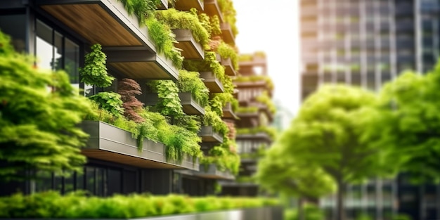 Concentramento selettivo sull'albero e sull'edificio ecologico con giardino verticale nella città moderna