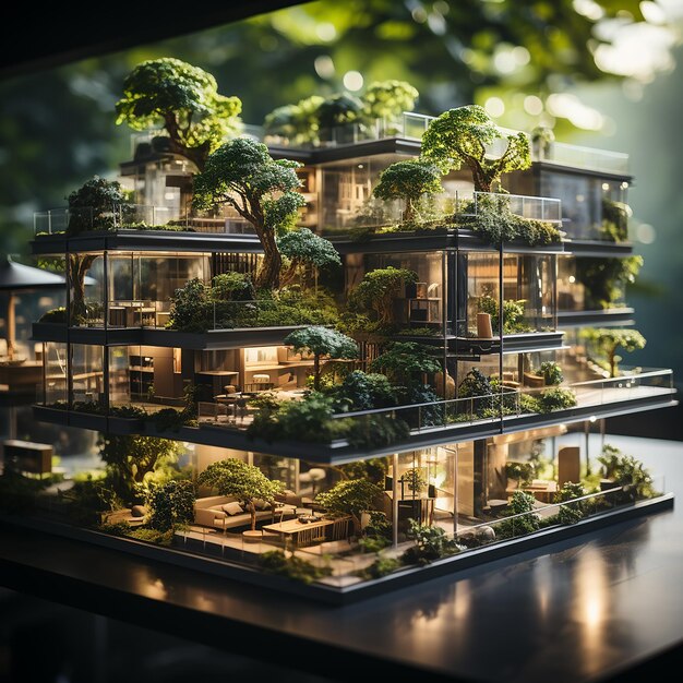 Concentramento selettivo sull'albero e sull'edificio ecologico con giardino verticale nella città moderna