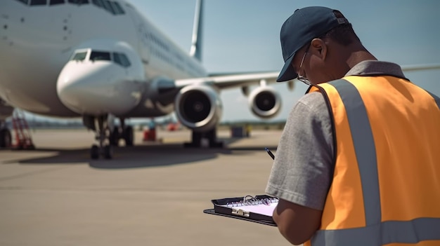 Concentrarsi sul compito da svolgere Vista posteriore di un membro dell'equipaggio di terra che registra informazioni su un blocco appunti mentre ispeziona l'aereo prima del decollo utilizzando l'IA generativa