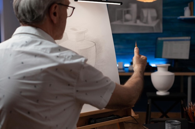Concentrarsi sulla mano dell'artista senior creativo guardando il vaso di gesso che misura le proporzioni usando la matita facendo un disegno creativo a matita. Uomo anziano la sera che disegna il modello in scala nello studio d'arte domestico.