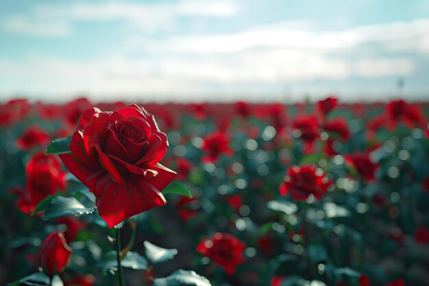 Concentrati sulle rose rosse in un campo di rose