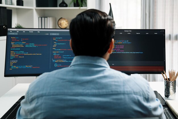 concentrating in smart it developer working coding on two pc screen surmise