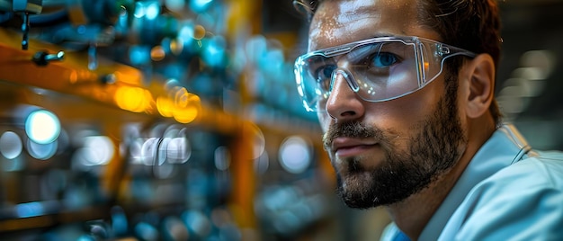 Concentrato lavoratore di fabbrica con occhiali di sicurezza in mezzo alle macchine concetto di produzione lavoratore di sicurezza attrezzature industriali fabbrica attrezzature di protezione ambientale