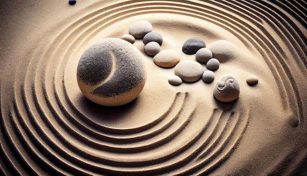 Concentrazione nel giardino zen giapponese con pietra nel concetto di sabbia per la meditazione e il relax