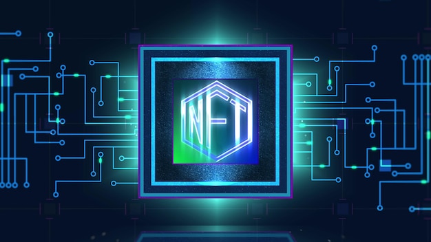 Concept 3d rendering animazione scheda madre CPU processore microchip avvio neon dati elaborazione informazioni NFT crypto art segno token non fungibile