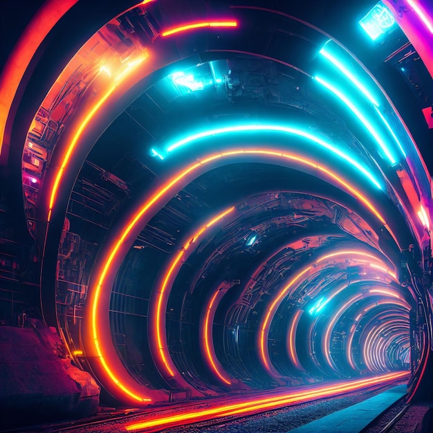 Concept art del tunnel sotterraneo nell'arte generativa della futura città al neon di AI