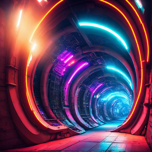 Concept art del tunnel sotterraneo nell'arte generativa della futura città al neon di AI