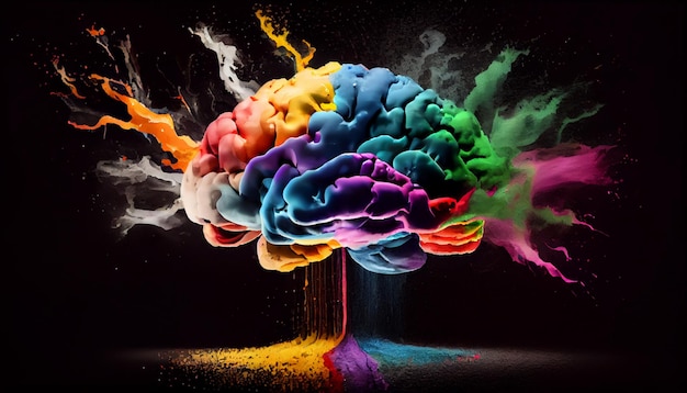 Concept art di un cervello umano che esplode di conoscenza e creatività ai generativa