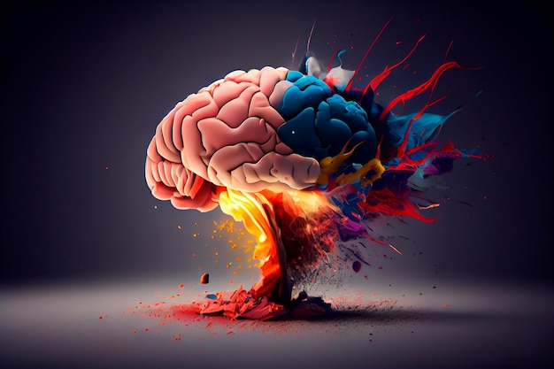 Concept art di un cervello umano che esplode di conoscenza e creatività ai generativa