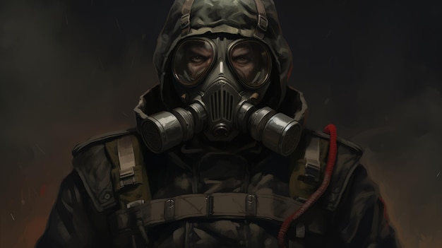 Concept Art di un forte militare che indossa una maschera antigas IA generativa