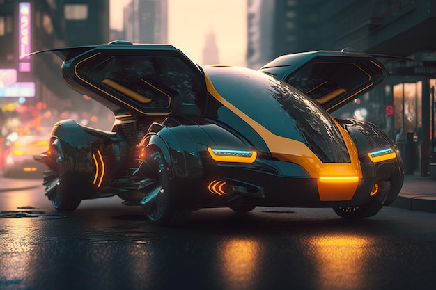 Concept art di un futuristico taxi di lusso del futuro con il pilota automatico