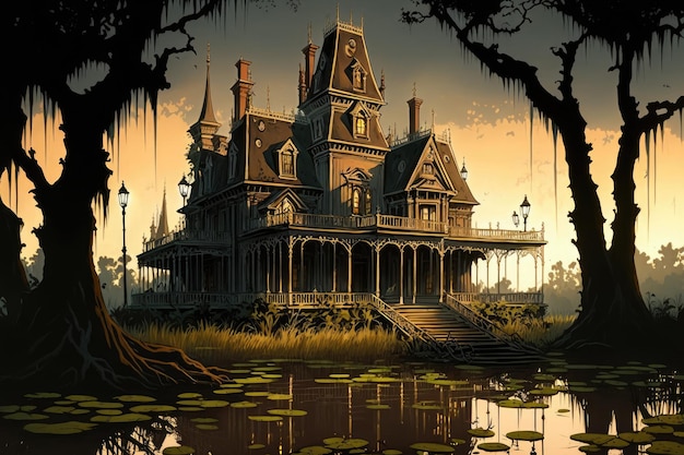 Concept Art di una casa stregata vittoriana in una palude di Bayou