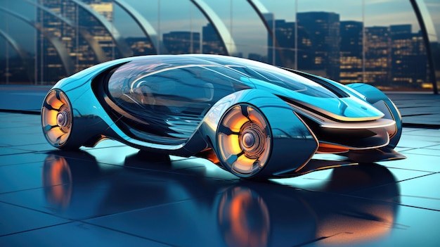 Concept car futuristica con una città sullo sfondo