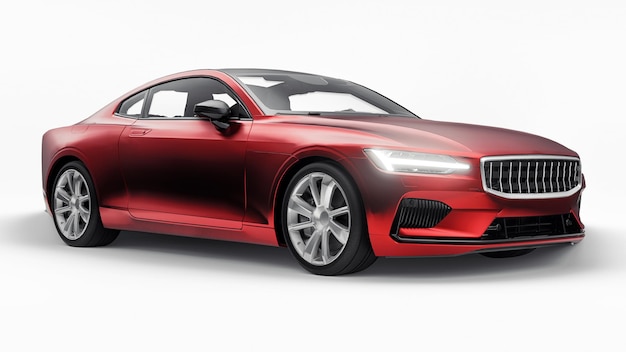 Concept car sport coupé premium. Ibrido plug-in. Tecnologie di trasporto eco-compatibili. Automobile rossa su sfondo bianco. rendering 3D.