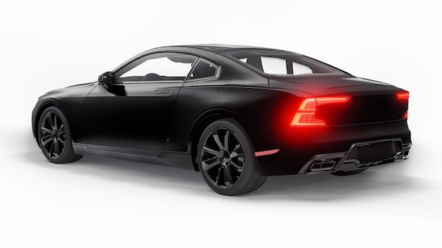 Concept car sportiva coupé premium. Ibrido plug-in. Tecnologie del trasporto ecologico. Automobile nera su sfondo bianco. rendering 3D.