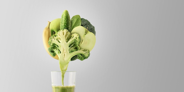 Concept creativo per uno stile di vita sano. Set di frutta e verdura per preparare frullati su sfondo grigio.