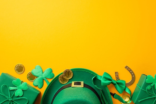 Concept del giorno di San Patrizio Foto di vista superiore di copricapo di leprechaun scatole regalo monete d'oro trefoglie ferro di cavallo e papillon su sfondo giallo isolato con spazio vuoto