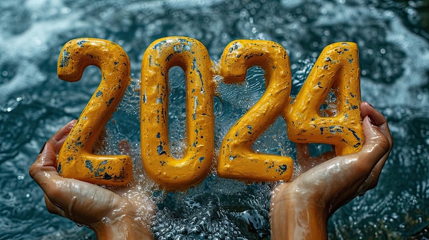 Concept del nuovo anno Mani che tengono il numero 2024 in acqua