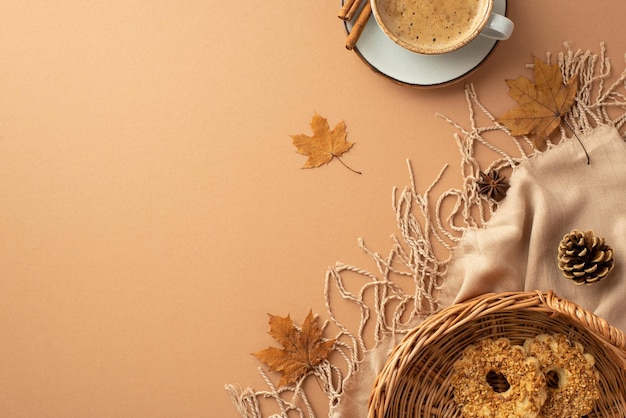 Concept dell'umore d'autunno Top view foto di una tazza di bevande calde su un piatto bastoncini di cannella canice cesto di vimini con biscotti fatti in casa foglie d'acero autunno sciarpa e coni di pino su uno sfondo beige isolato