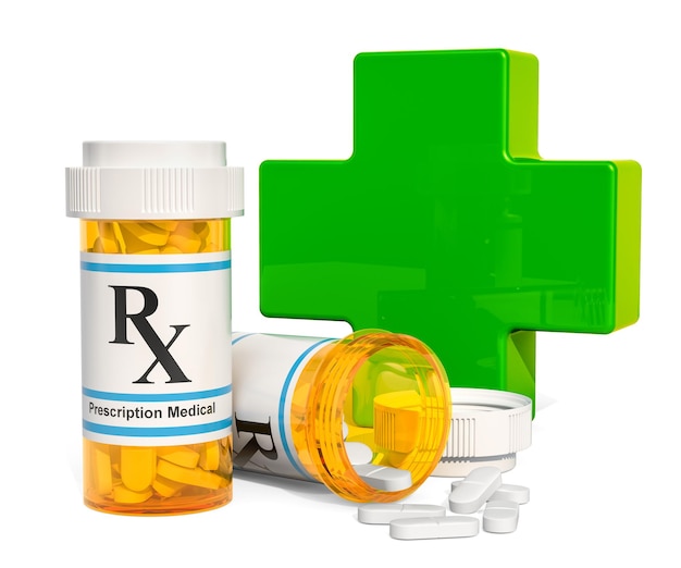 Concept di assistenza medica croce verde con farmaci rendering 3D