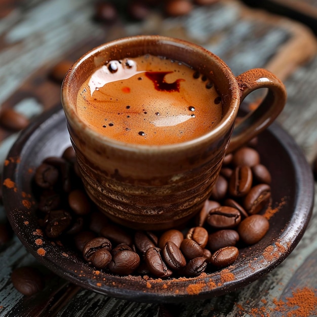 Concept di caffè turco tazza di caffè con chicchi di caffè su sfondo di legno