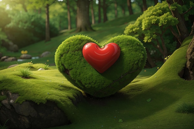 Concept di cura della natura cuore rosso su muschio verde