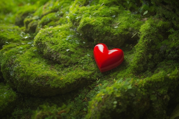 Concept di cura della natura cuore rosso su muschio verde