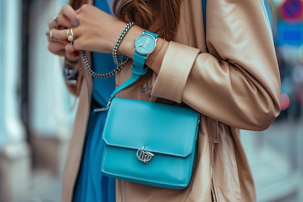 Concept di design femminile modesta piccola borsa di pelle blu finta tenuta dalla modella insieme a un orologio da polso alla moda e anelli adorabili AI generativa