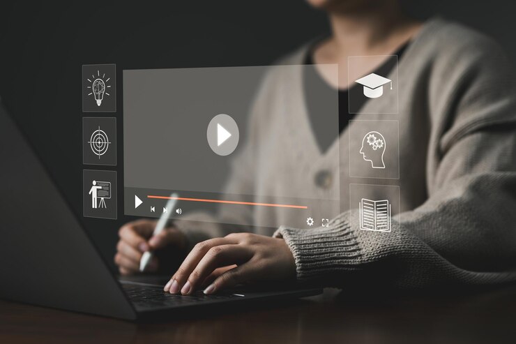 Foto concept di e-learning donna che impara online con webinar internet viene utilizzato per l'istruzione moderna seminario riunione tecnologia e-learing video tutorial lezioni online corso di studio di formazione digitale