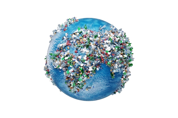 Concept di inquinamento plastico mappa della terra composta da rifiuti di plastica spazzatura rendering 3D Copia spazio